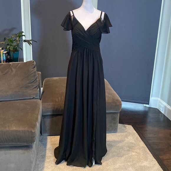 Women’s Black Full Length Cold Shoulder Chiffon Formal Dress Leg Slit Size 8 - Picture 1 of 13